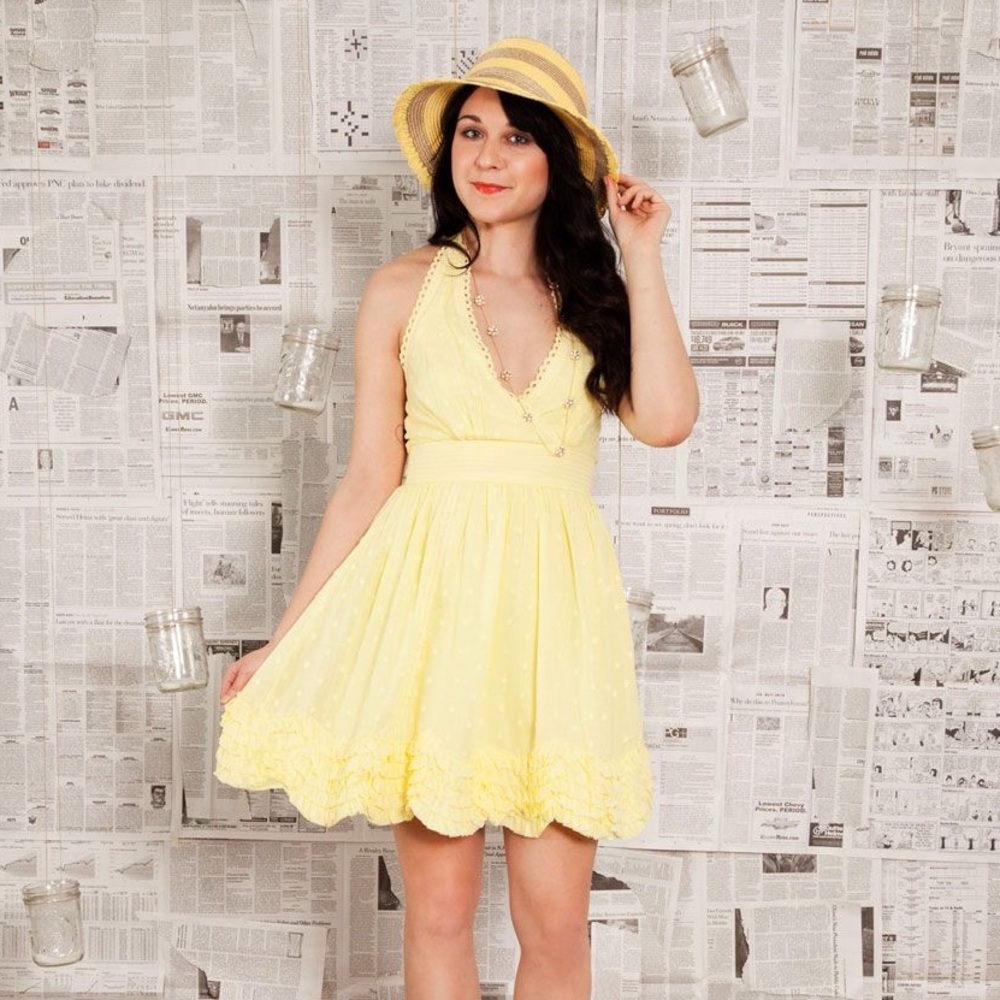 MODCLOTH halter ruffle polka dot yellow dress
